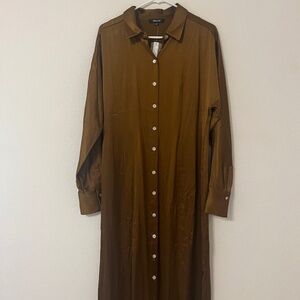 MADEWELL- Brown Long Sleeve Satin Button-Front Midi Shirtdress- NEW TAGS ON